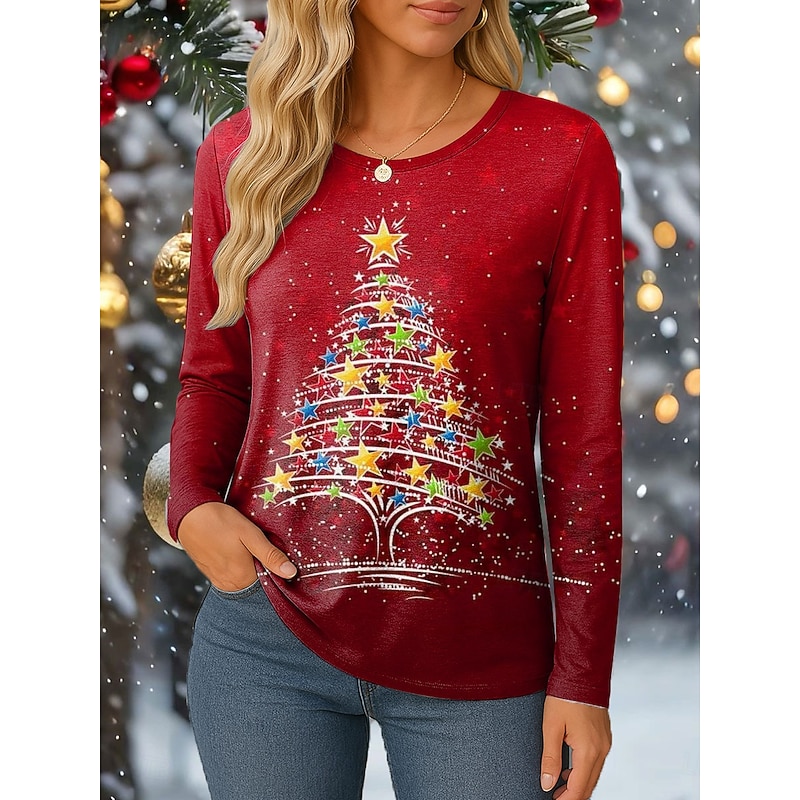 Christmas Women's T Shirt Graphic Snowflake Vintage Fashion Stylish Long Sleeve Crew Neck Regular Tops Daily Weekend Print Red Blue Purple Green Spring Fall Winter
