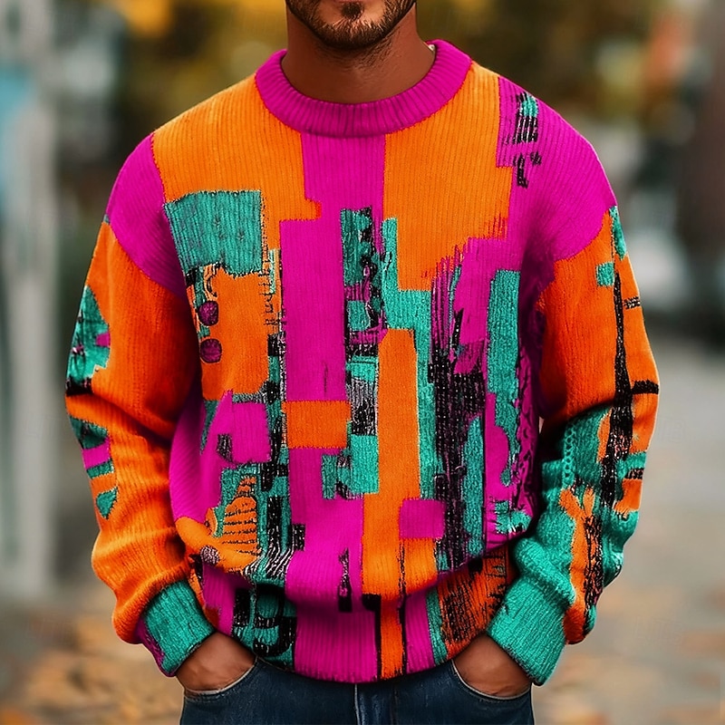 Men's Color Block Pullover Sweater Jumper Knitwear Crewneck Casual Vacation Street Daily 3D Print Knitting Keep Warm Long Sleeve Spring Fall Winter Yellow Red Blue3