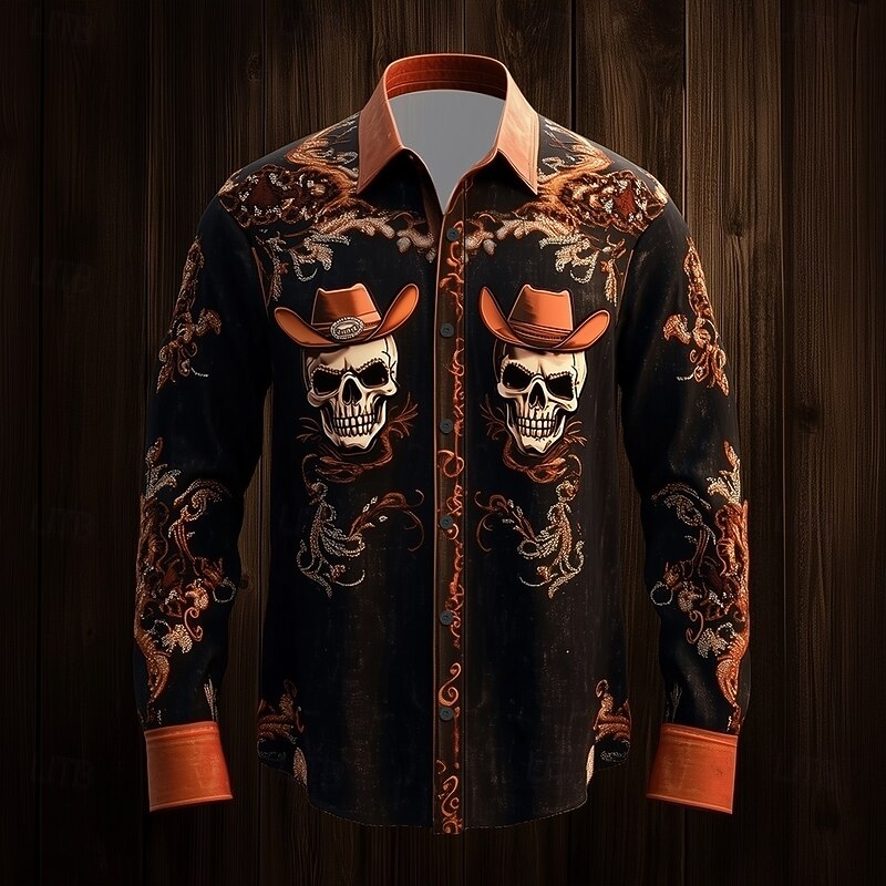 Men's Paisley Skull Day of the Dead Shirt Western Shirt Cowboy Shirt Long Sleeve Ethnic Vintage Retro Outdoor Vacation Spring Fall Turndown 3D Print Linen Like Shirt Black Orange2