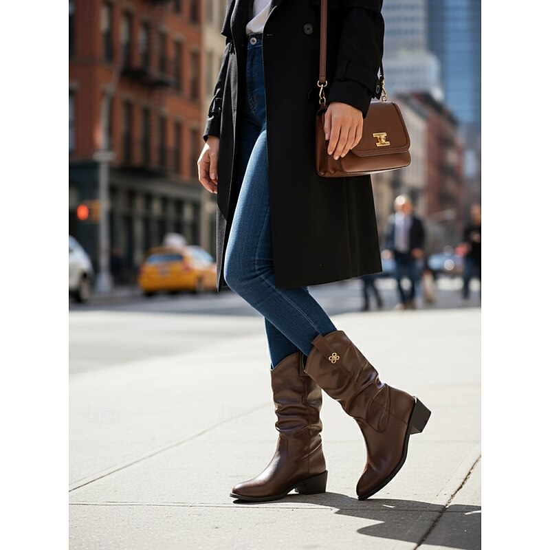 Women's Mid-Calf Boots with Soft Wide Shaft, Low Block Heel and Decorative Metal Accent, Casual Daily Comfort Style for Women's Urban Streetwear and City Outfits4