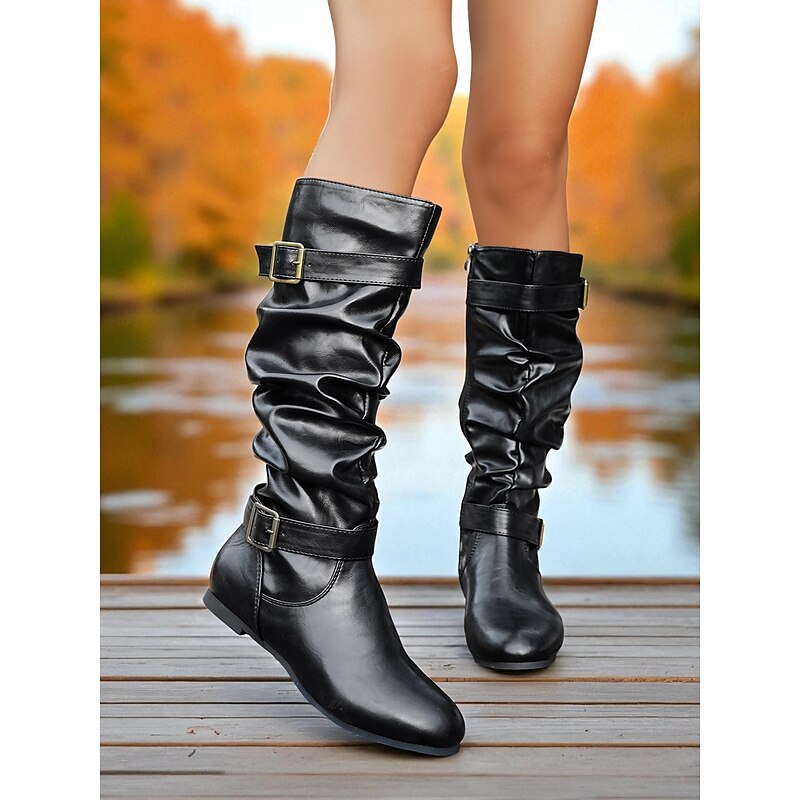 Women's Black Faux Leather Slouch Boots with Buckle Straps and Side Zipper – Comfortable Mid-Calf Casual Boots for Fall, Winter and Everyday Outfits2