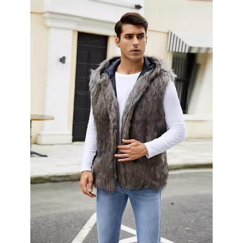 Men's Fleece Vest Hoodie Vest Faux Fur Vacation Casual Daily Wear Going out Fashion Basic Fall Spring &  Fall Hooded Acrylic Faux Fur Comfortable Plain Zipper V Neck Regular Fit Black White Brown4