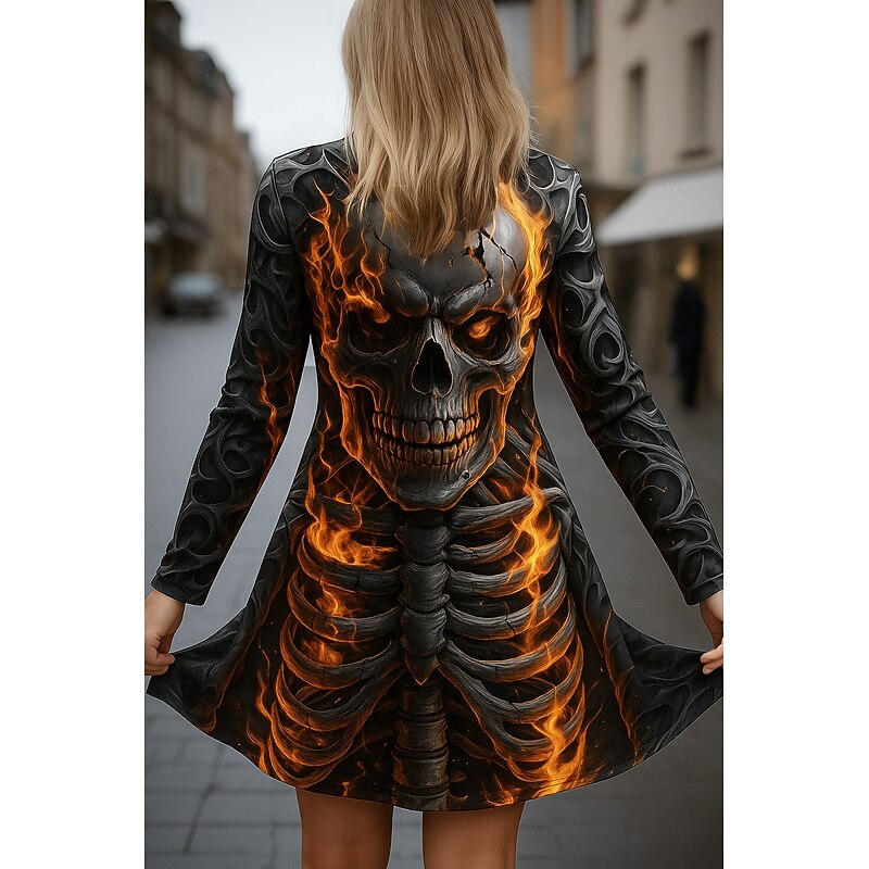 Halloween Skull Women's Cloak / Capes Quick Dry Lightweight Knit Active Exaggerated 3D Casual Long Collarless Regular Fit Long Sleeve Outerwear Black White Orange Fall2