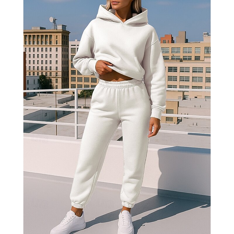 Women's 2 Piece Tracksuit Lounge Hoodie Sweatsuit Sets Solid Colored Clothing Suit Fall Black White Workout Outdoor Travel High Waist Lightweight Fashion Long Sleeve Sport Activewear Micro-elastic4