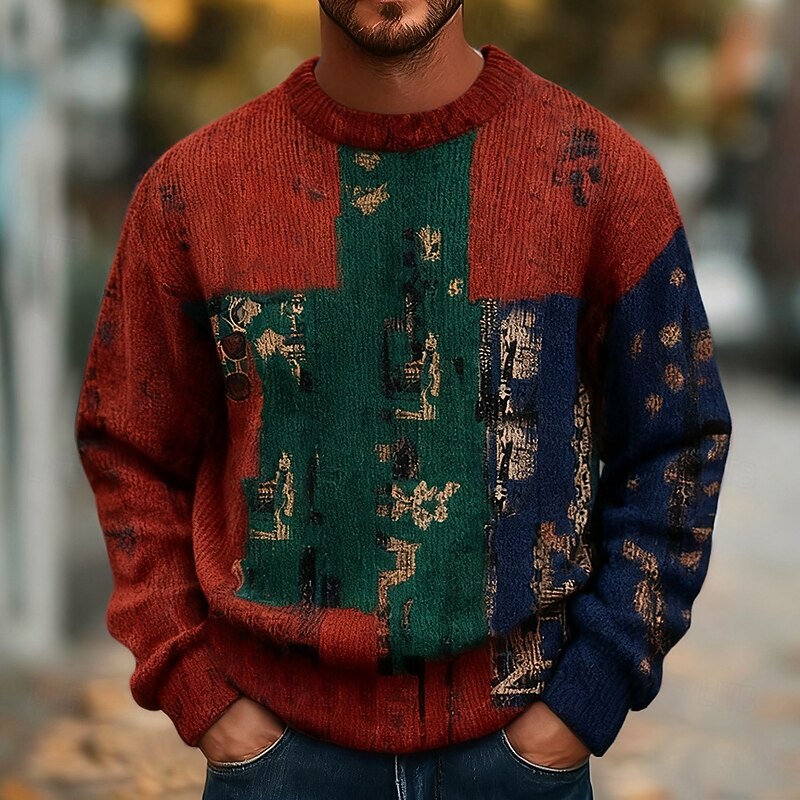 Men's Color Block Pullover Sweater Jumper Knitwear Crewneck Casual Vacation Street Daily 3D Print Knitting Keep Warm Long Sleeve Spring Fall Winter Red Blue Brown3