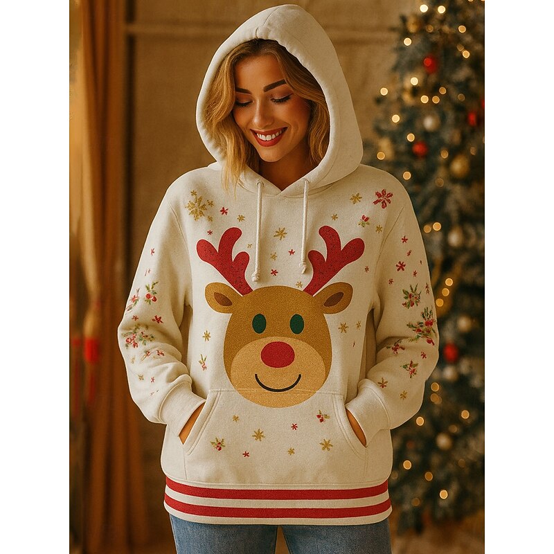 Women's Pullover Hoodie Sweatshirt Graphic Reindeer Casual Long Sleeve Hooded Regular Tops Party Evening Wear Street Dailywear Pink Blue Green Beige Spring Fall Winter