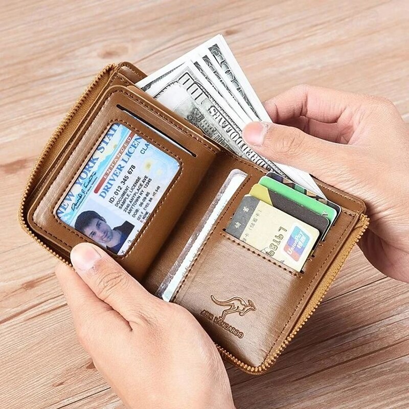 Men Wallet Zipper Genuine Leather Purse Anti Theft RFID Blocking Card Holder Magnetic Resistant Bifold Wallet Stylish Money Clip Credit Card Organizer For Men
