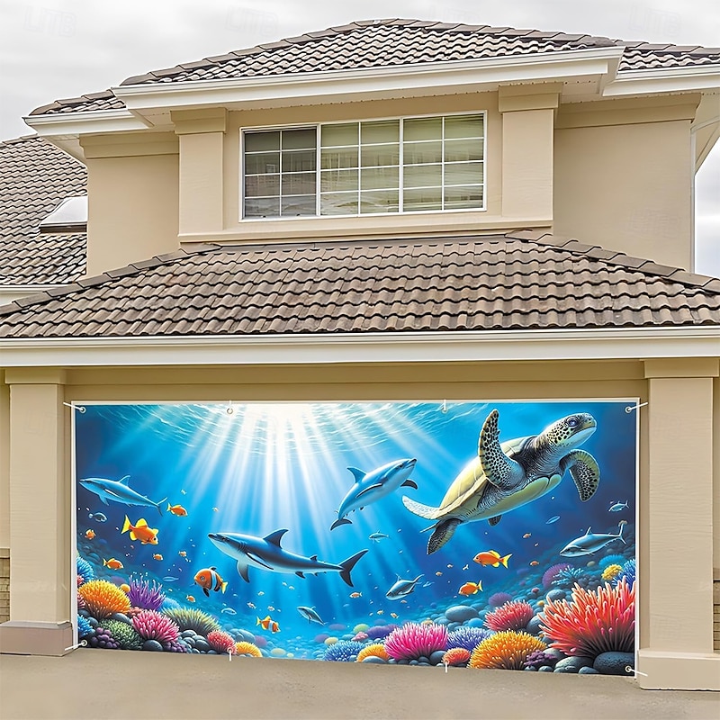 Tapestry Garage Door Cover Large Hanging Backdrop Sea Turtle Sharks Ocean Tropical Colorful 3D Party Outdoor Shooting Backgrounds Front Door Home Decor2
