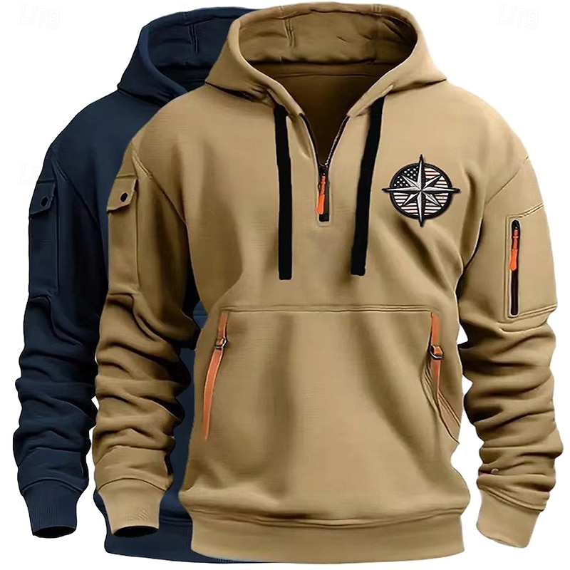 Men's Hoodie Quarter Zip Hoodie Fleece Hoodie Tactical Hoodie White+Khaki Navy Blue+White Dark Gray+Light Gray Navy Blue+Light Gray White+Light Gray Hooded Plain Zipper Sports & Outdoor Casual Daily2