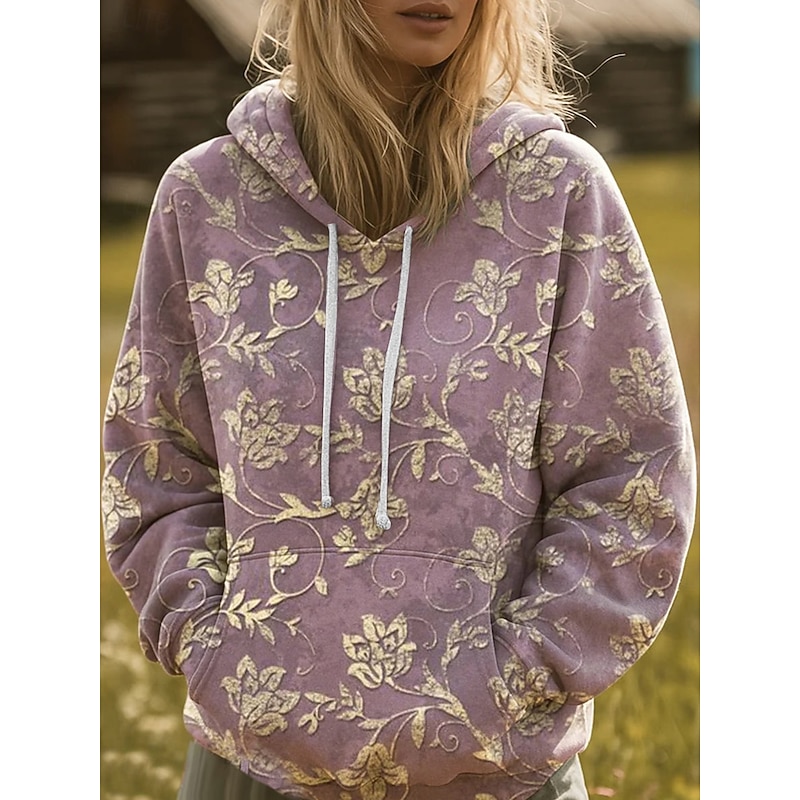 Women's Pullover Hoodie Sweatshirt Graphic Geometric Casual Boho Long Sleeve Hooded Regular Tops Street Dailywear Print Front Pocket Red Light Purple Purple Orange Green Fall Winter3