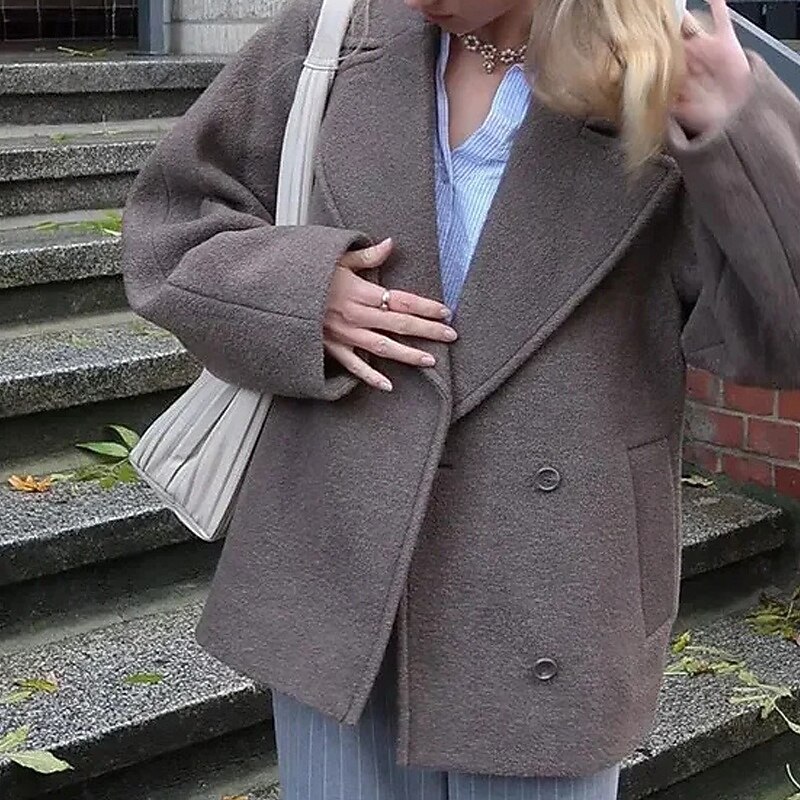 Women's Fleece Jacket Pea Coat Warm Comfortable Buttons Casual Plain Vacation Going out Weekend Regular Turndown Regular Fit Long Sleeve Outerwear Gray Fall Winter2