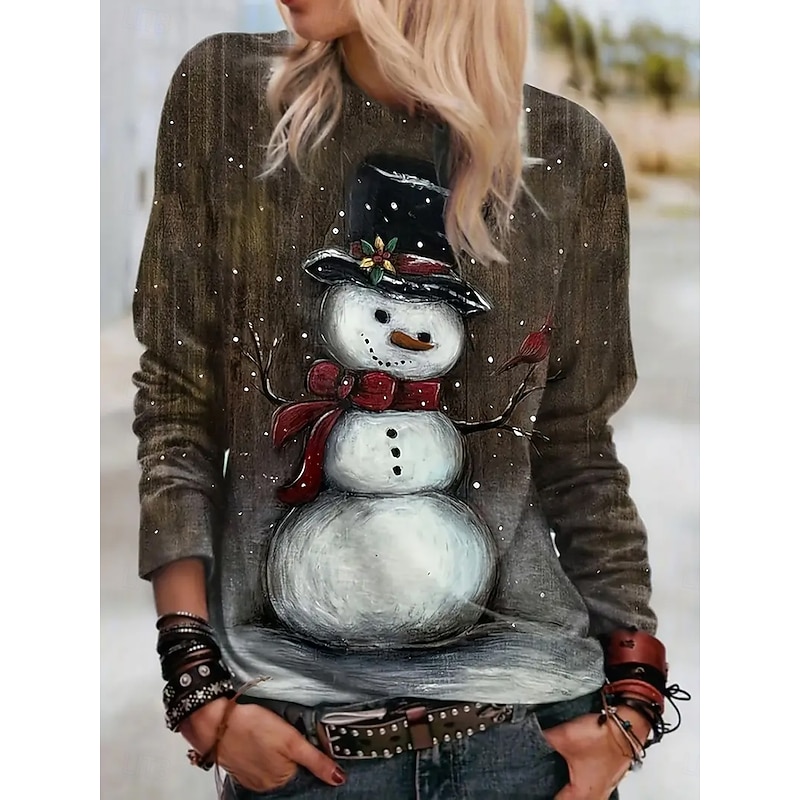 Christmas Women's T Shirt Graphic Snowman Vintage Fashion Stylish Long Sleeve Crew Neck Round Neck Regular Tops Daily Weekend Print Brown Summer Spring Fall Winter