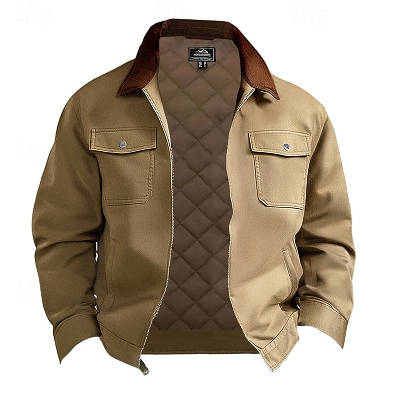 Men's Cargo Jacket Casual Jacket Parka Vacation Daily Warm Pocket Fall Winter Plain Fashion Classic Lapel Regular Black Navy Blue Brown Green Khaki Jacket - Main Image