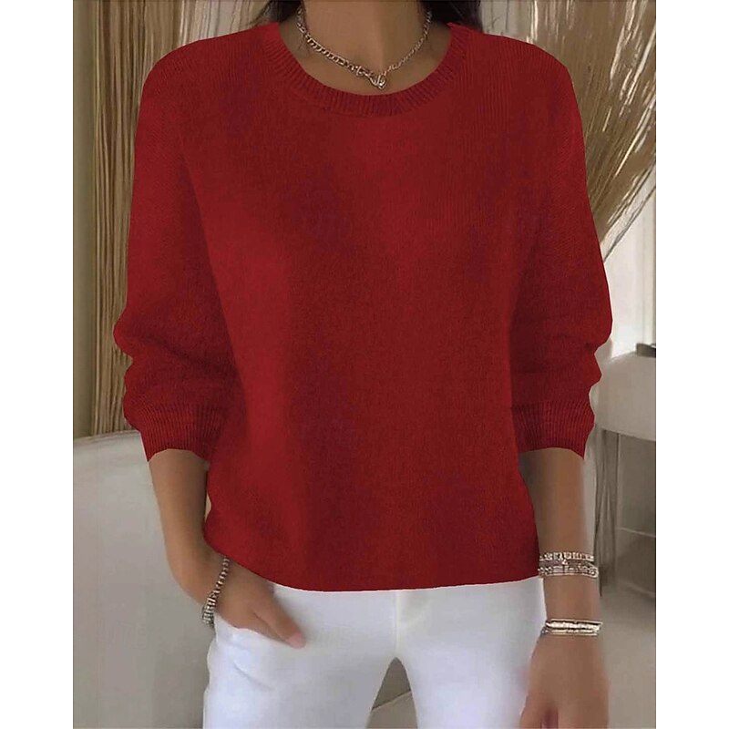 Women's Sweater Fashion Streetwear Casual Pure Color Ribbed Crew Neck Knitted Long Sleeve Regular Tops Knit Outdoor Daily Weekend Yellow Pink Fall Winter2