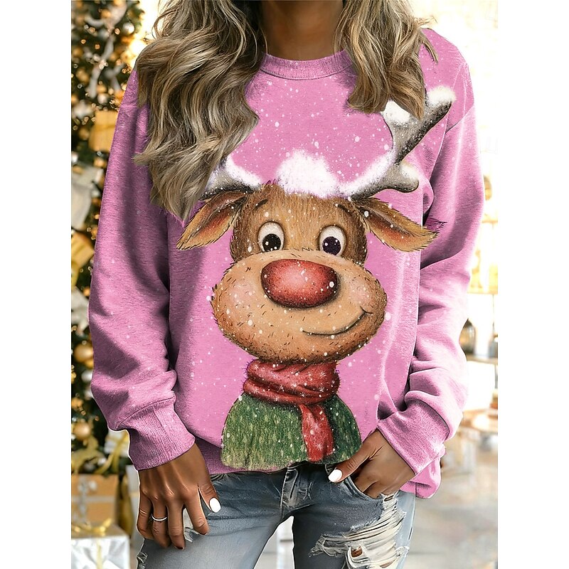Women's Pullover Graphic Reindeer Warm Classic Casual Long Sleeve Crew Neck Regular Tops Home Street Dailywear Print Yellow Pink Blue Purple Green Fall Winter2
