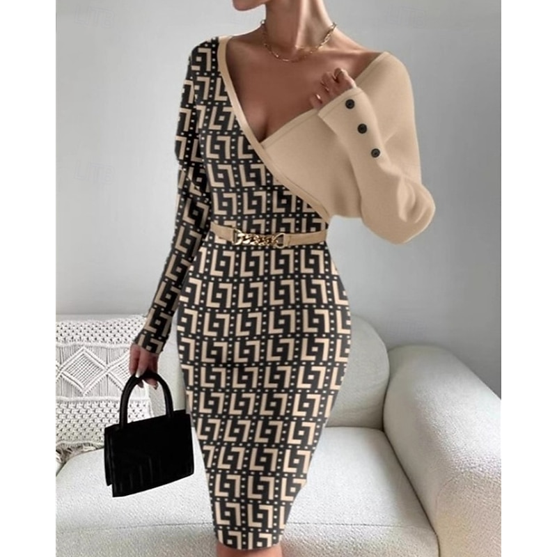 Women's Midi Dress Sweater Dress Casual Dress Bodycon Elegant Fashion Modern Daily Date Weekend Regular Fit Color Block Long Sleeve Deep V Black Apricot Gray Fall Winter2