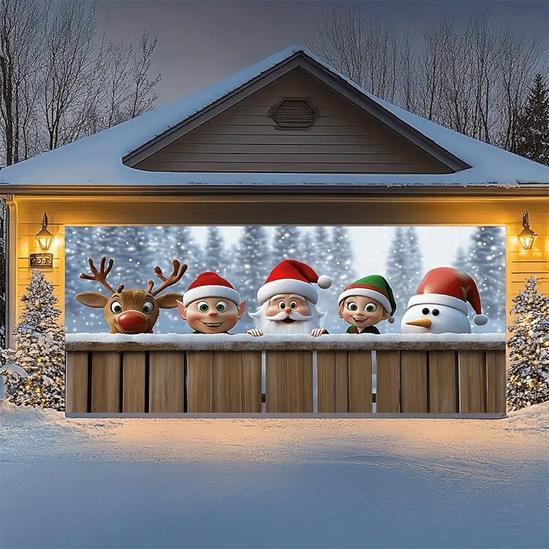 Christmas Tapestry Garage Door Cover Large Hanging Backdrop Snowman Gift Cute 3D Party Outdoor Holiday Shooting Backgrounds Yard Home Decor4