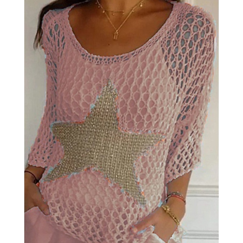 Women's Sweater Pullover Streetwear Casual Geometric Crew Neck Hollow Out Knitted Print 3/4 Length Sleeve Regular Tops Knit Outdoor Daily Holiday White Pink Summer Spring4