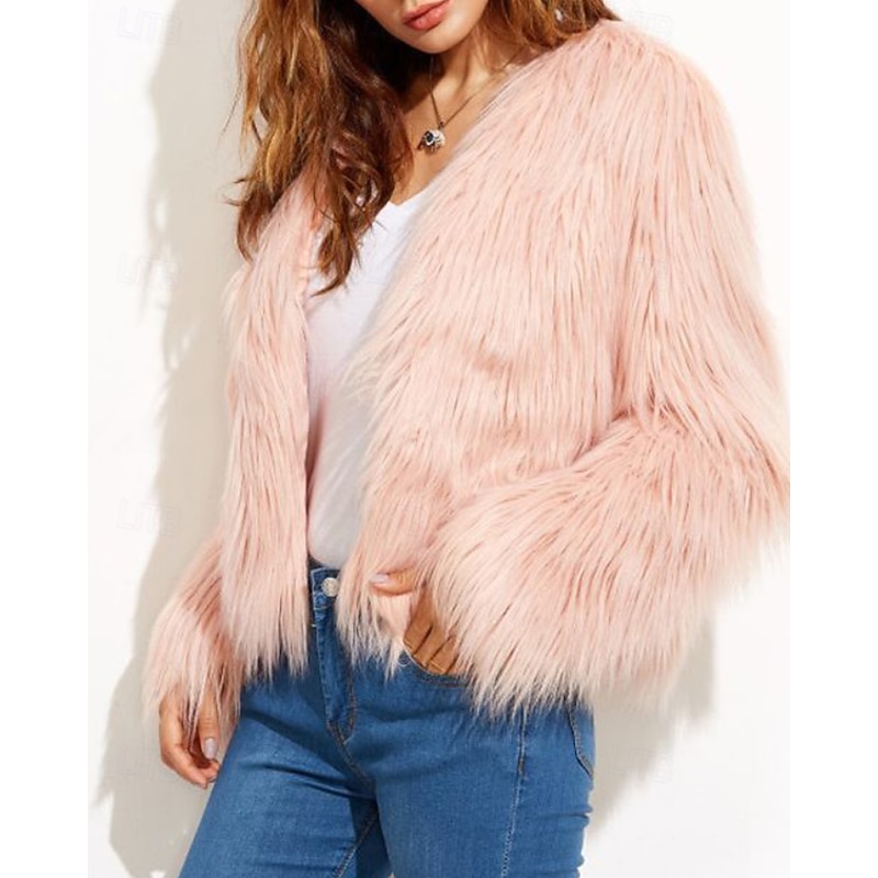 Women's Faux Fur Coat Warm Comfortable Furs & Leathers Fashion Plain Vacation Street Going out Weekend Regular Crewneck Regular Fit Long Sleeve Outerwear Black White Pink Fall Winter