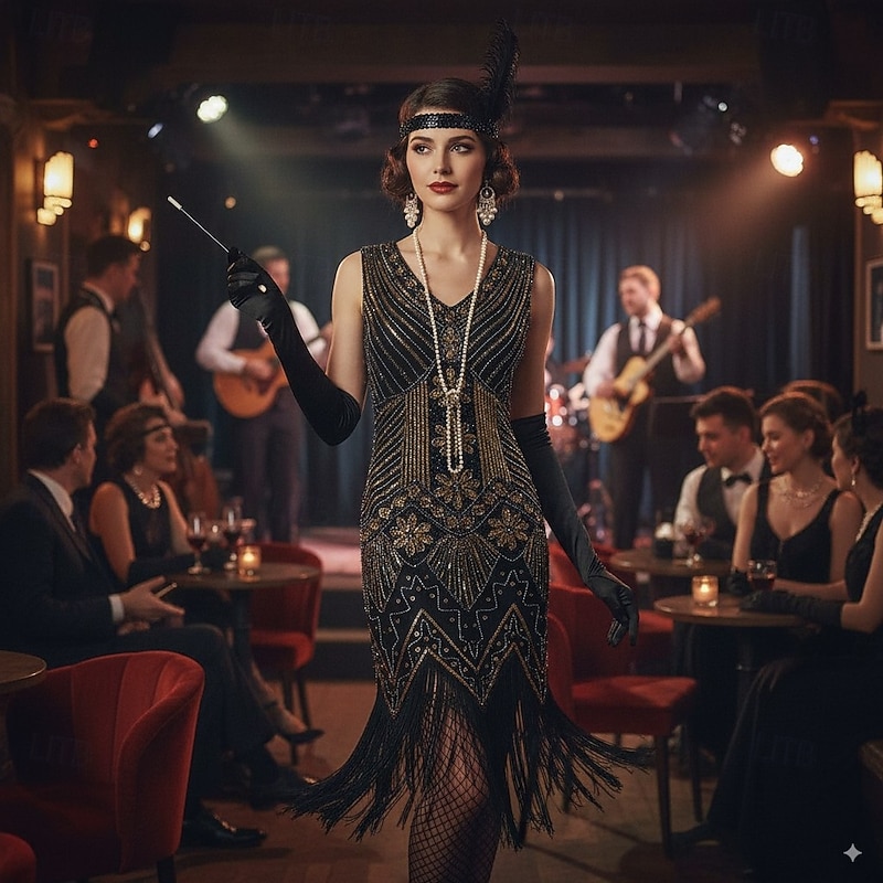 Retro Vintage Roaring 20s 1920s Midi Flapper Dress Dress Fancy Costume Plus Size The Great Gatsby Charleston Sequins Tassel Fringe Feather Fancy Dress Women's Halloween Carnival New Year Masquerade4