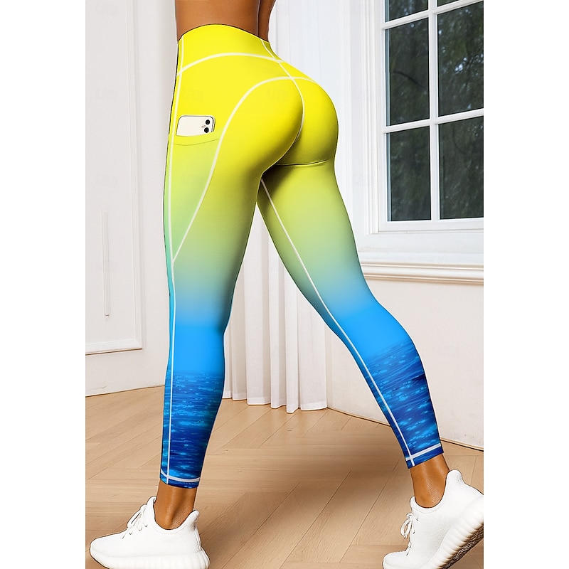 Women's pilates leggings fitness pants Gym Leggings Pockets Stamp Duty Side Pockets Pilates Gym Gym Workout Pants Tights Leggings Color Block Color Gradient Blue+Yellow Sports Activewear High3