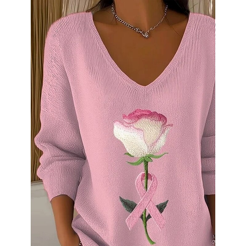 Women's Sweater Casual Soft Floral Graphic Ribbed V Neck Knitted Print Long Sleeve Regular Tops Knit Outdoor Daily Weekend Pink Fall Winter2