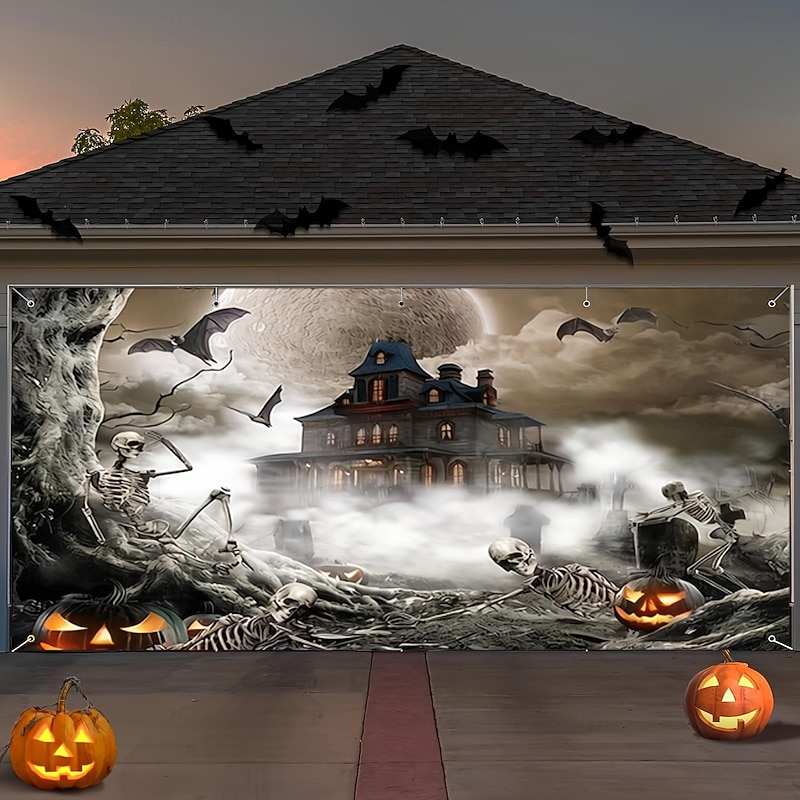 Halloween Garage Door Cover Horror Night Moon Lantern Pumpkin Ghost Large Outdoor Banner with Grommets Yard Front Porch Wall Decorations