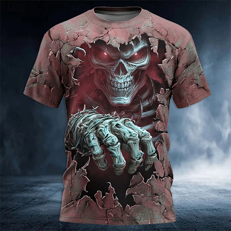 Halloween Men's Optical Illusion Grim Reaper 3D T Shirt Short Sleeve T shirt 3D Print Crew Neck Shirt Exaggerated Designer Horror Party Street Holiday Lake Blue Red Blue Summer Spring All Seasons3