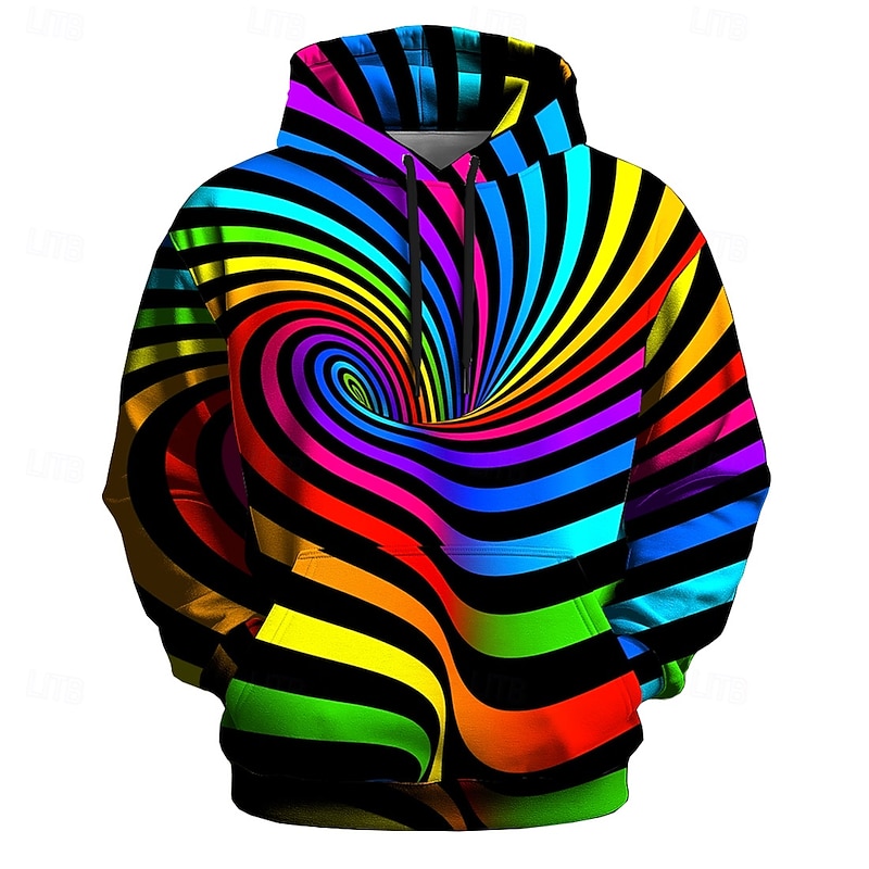 Men's Optical Illusion 3D Hoodie Sweatshirt Ethnic Cowboy Crew Neck Streetwear Black White Drawstring Fall Winter Designer