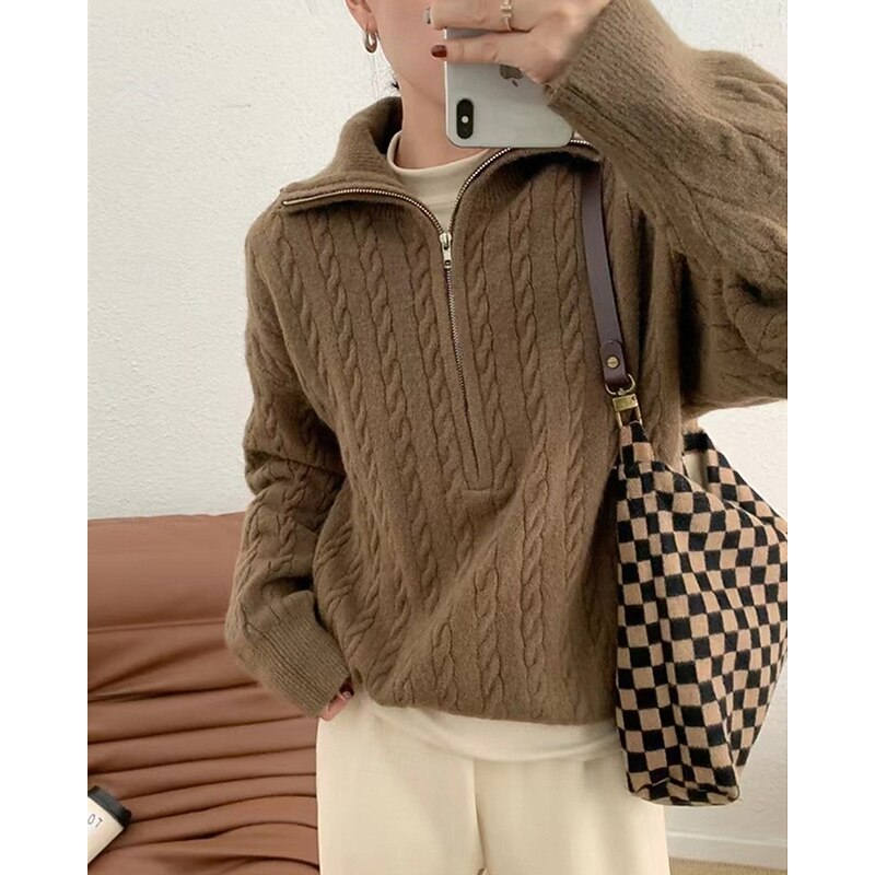 Women's Sweater Streetwear Casual Solid Color Ribbed Half Zip Knitted Long Sleeve Regular Tops Knit Outdoor Daily Weekend Coffee Fall Winter4