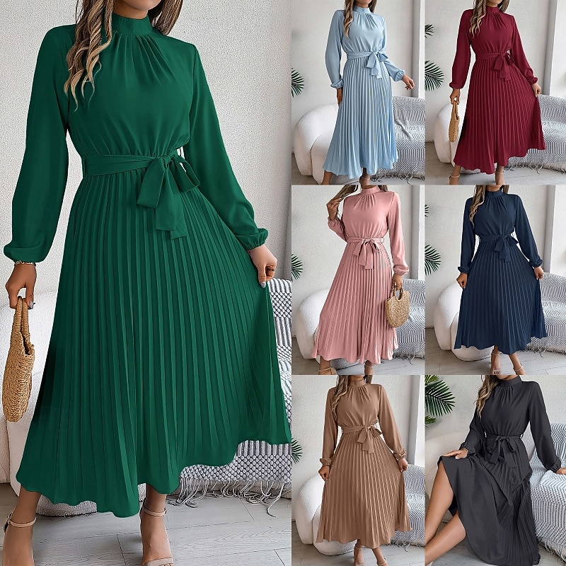 Women's Midi Dress Party Dress Cocktail Dress Satin Dress Elegant Fashion Modern Party Evening Party Regular Fit Plain Long Sleeve Stand Collar Black Pink Wine Green Fall Winter