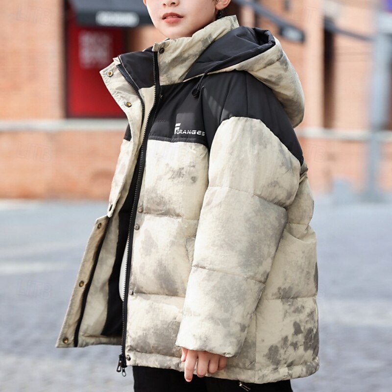 Kids Unisex Down Jacket Outdoor Jacket Puffer Jacket Outerwear Letter Long Sleeve Keep Warm Windproof Coat Outdoor Daily Basic Black Green Gray Fall Winter 4 years+2