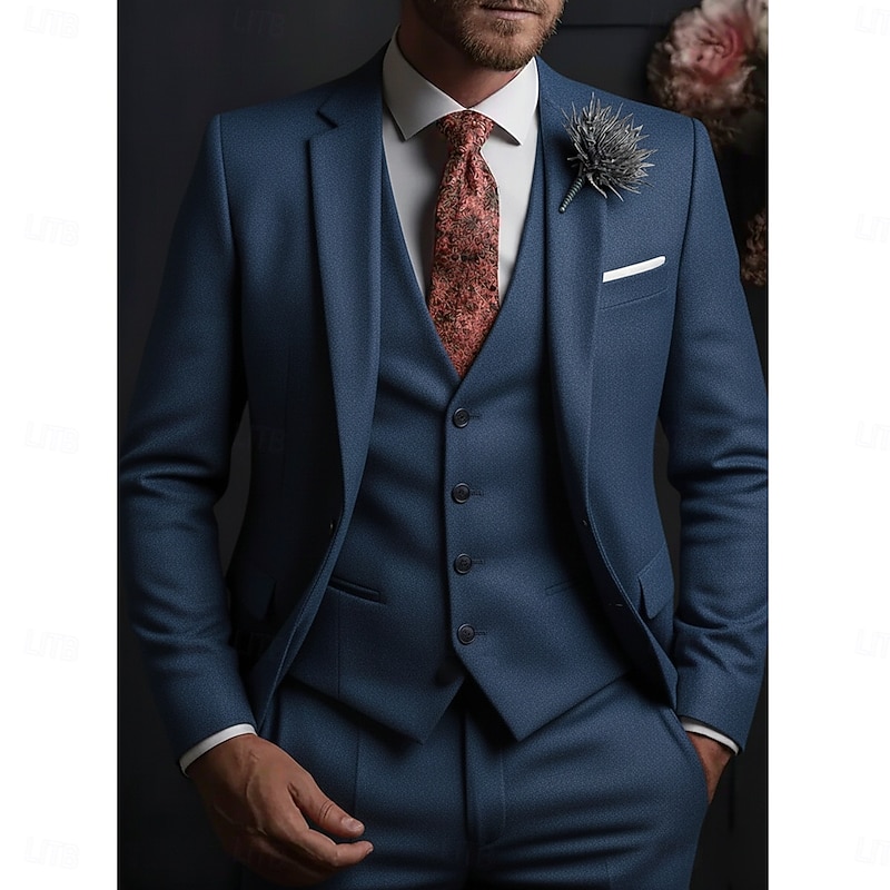 Men's Wedding Business Tweed Suits Notch Lapel Black Dark Blue Formal Solid Colored Tailored Fit 3 Piece Single Breasted One-button3