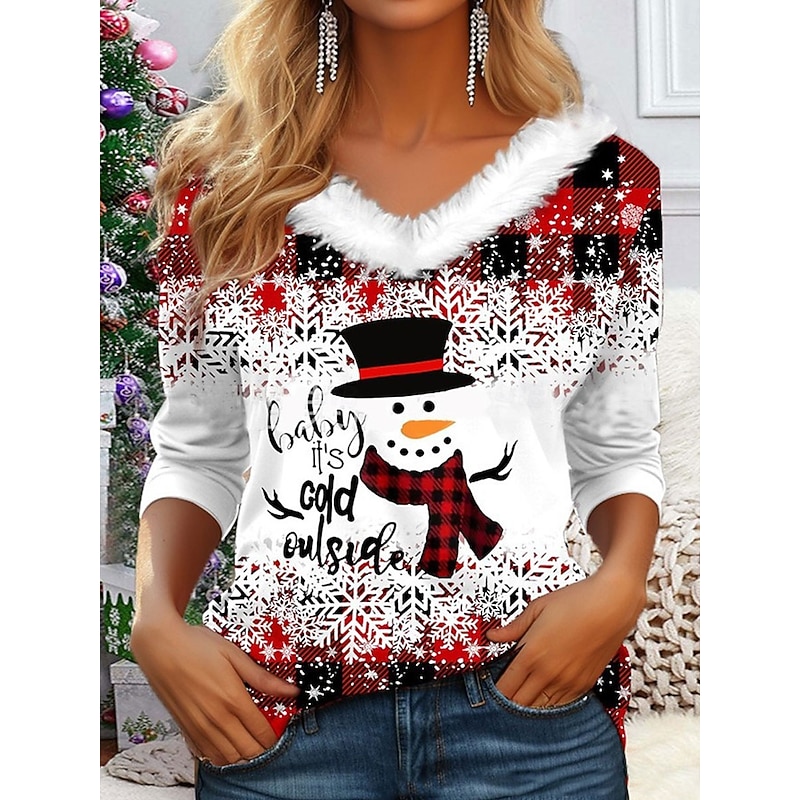 Christmas Women's T Shirt Graphic Christmas Tree Vintage Stylish Classic Long Sleeve V Neck Regular Tops Daily Patchwork Print Black White Red Fall Winter2