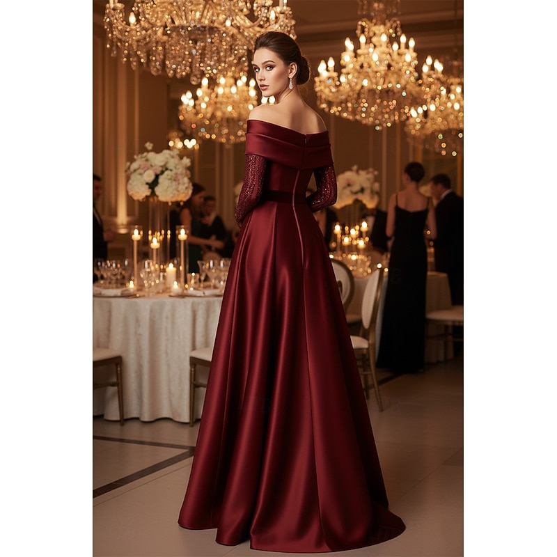 Burgundy A-Line Evening Gown Elegant Formal Dress Formal Wedding Floor Length Long Sleeve Off Shoulder Stretch Satin with Pleats Beading Lace Applique Slit 20252