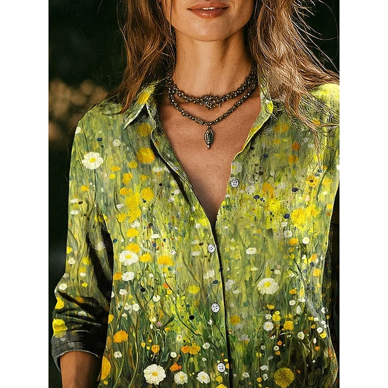 Women's Shirt Ombre Floral Graphic Vintage Tropical Daily Long Sleeve Shirt Collar Regular Tops Work Daily Buttons Print Green Spring Fall Winter2