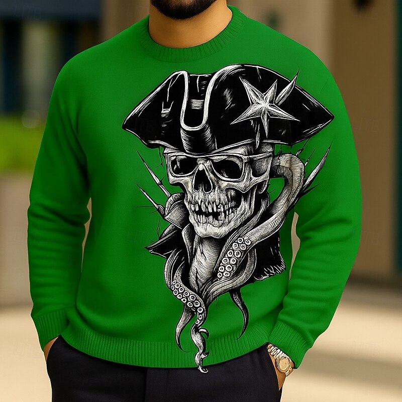 Halloween Men's Skulls Pullover Sweater Jumper Knitwear Crewneck Casual Vacation Home Daily 3D Print Knitting Keep Warm Long Sleeve Spring Fall Winter White Blue Green3