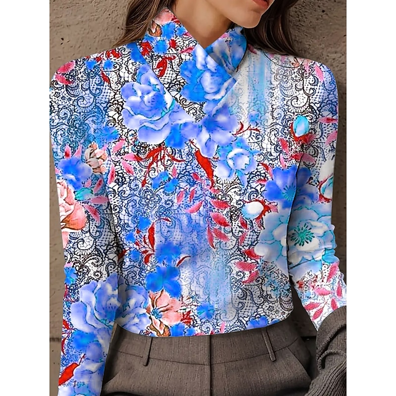 Women's T Shirt Floral Graphic Plants Elegant Vintage Stylish Long Sleeve High Neck Asymmetric Neck Regular Tops Daily Print Yellow Blue Spring Fall Winter2