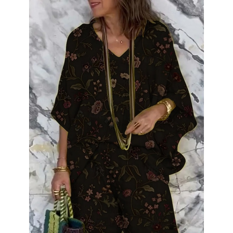 Women's Vacation Fashion Pants Sets 3/4 Length Sleeve V Neck Floral Print Vacation Daily Holiday Black Summer Regular Fit2