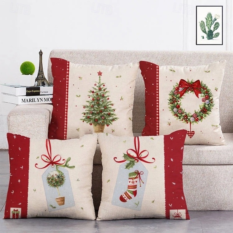 Christmas Red and White Patchwork Throw Pillow Cover, Festive Cartoon Holiday Wreath Cushion Case, Linen Decorative Pillowcase for Sofa