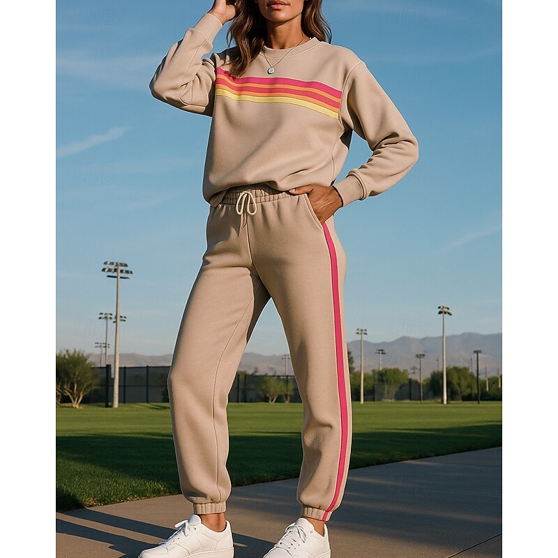 Women's 2 Piece Tracksuit Sweatsuit Sets Sportswear with Pocket Striped Clothing Suit Fall Dark Pink White Vocation Outdoor Travel Lightweight Fashion Long Sleeve Sport Activewear Micro-elastic