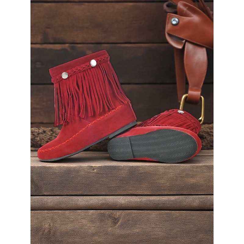 Women's Bohemian Fringe Moccasin Boots Soft Suede Flat Ankle Shoes with Retro Detailing for Casual Outfits and Everyday Wear4