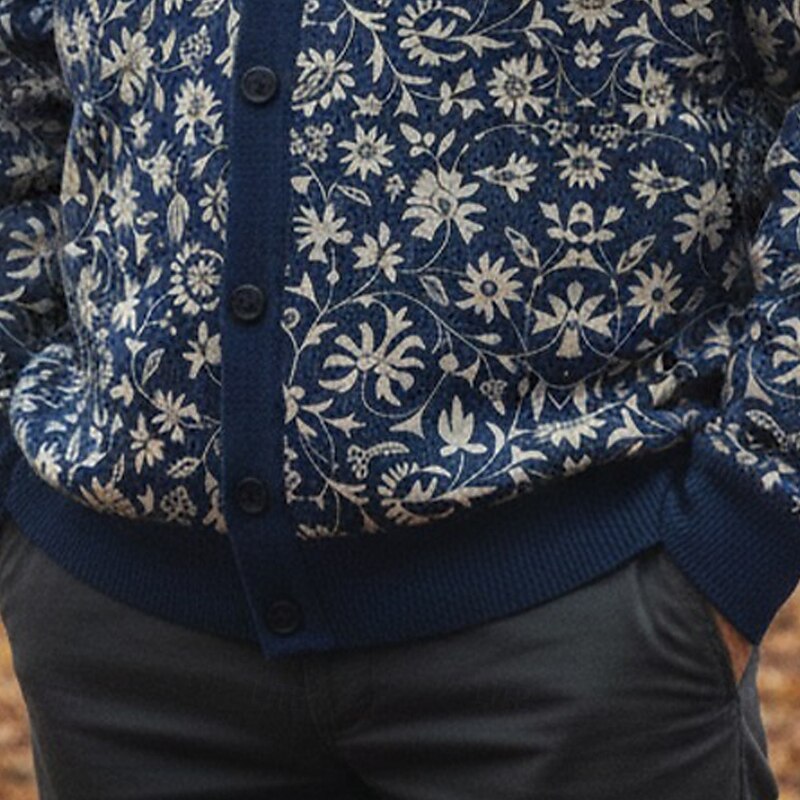 Christmas Men's Ditsy Floral Flower / Plants Sweater Cardigan Sweater V Neck Retro Vintage Casual Outdoor Home Party Buckle Long Sleeve Fall Winter Blue Ink Blue3