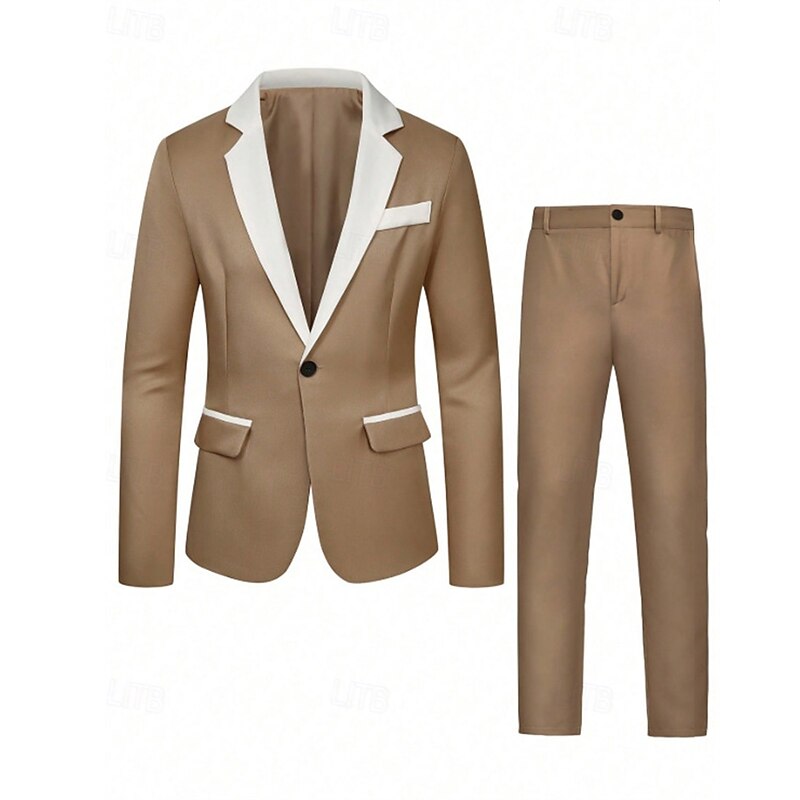 Men's Blazer Suits Business Cocktail Party Wedding Party 2 Piece Fashion Casual Spring &  Fall Polyester Color Block Plain Pocket Buttons Comfortable Single Breasted Blazer Apricot3