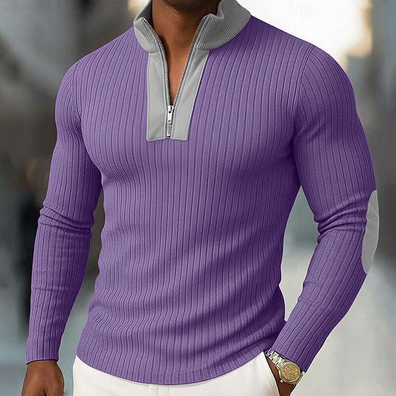 Men's T Shirt Ribbed Knit tee Tee Top Long Sleeve Shirt Long Sleeve Stand Collar Half Zip Spring Fall Winter Plain Pit Strip Fashion Designer Basic Knitting Vacation Street Casual Black Wine Blue Top