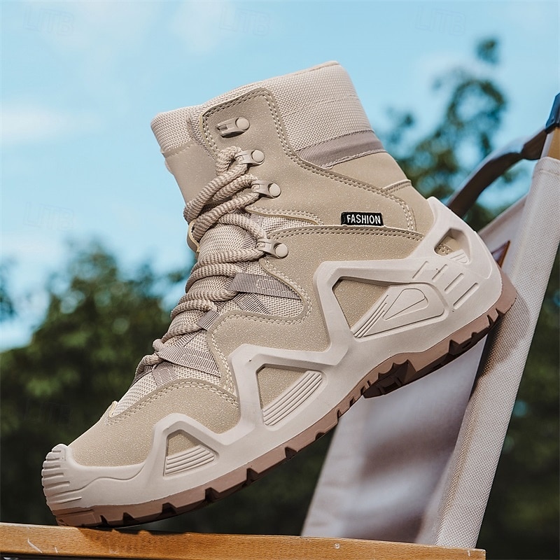 Men's Beige High Top Hiking Boots with Breathable Mesh Design, Lightweight Outdoor Trekking Shoes for Camping, Travel, and Adventure Sports