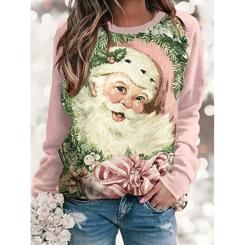 Women's Pullover Graphic Santa Claus Christmas Casual Long Sleeve Crew Neck Regular Tops Casual Holiday Print Pink Red Blue Spring Fall Winter