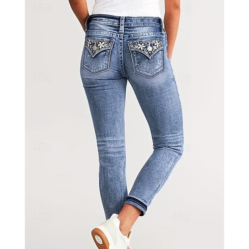 Women's Jeans Chinos Vacation Vintage Streetwear Full Length Medium Waist Plain Embroidered Pocket Elastic Waist Comfortable Micro-elastic Vacation Street Daily Dark Blue Light Blue Fall Winter Slim3