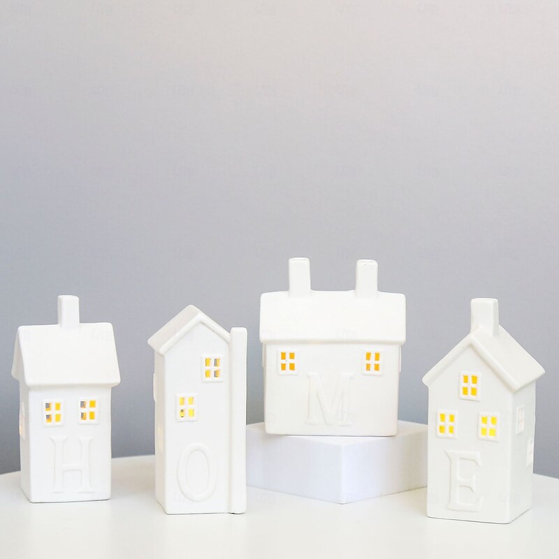 Christmas white ceramic hollow house LED electronic night light indoor living room bedroom kitchen study desktop decoration light ornament light LR44 * 3 battery candle holder prop3