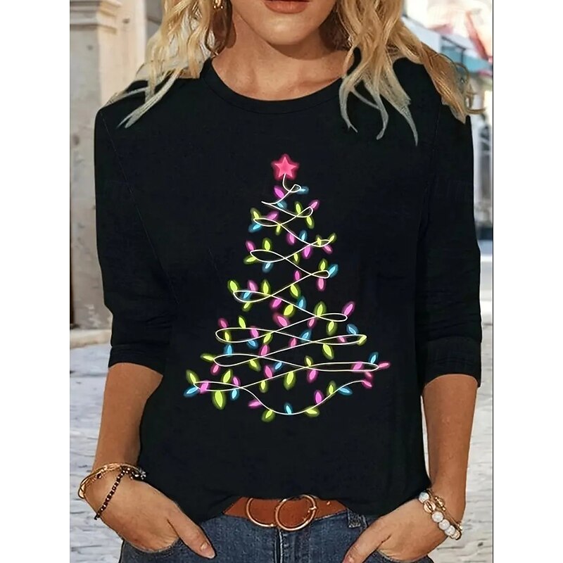 Christmas Women's T Shirt Graphic Christmas Tree Vintage Fashion Stylish Long Sleeve Crew Neck Regular Tops Daily Weekend Print Black Blue Green Summer Spring Fall Winter4